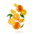 Fresh orange fruit whole and slices with leaves falling flying isolated on white background Royalty Free Stock Photo