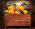 Fresh orange fruits with leaves in a wooden box Royalty Free Stock Photo