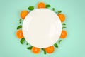 Fresh orange fruits and mint leaves on top view with white plate and pastel green color background for healthy food concept Royalty Free Stock Photo