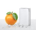 Fresh orange fruits and Packages box having drops water Royalty Free Stock Photo