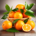 fresh orange fruits with sliced cut in half and green leaves in a basket on wooden table