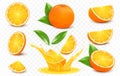 Fresh orange fruits whole and slices, splashes of orange juice. 3d realistic vector icon set, isolated on transparent background Royalty Free Stock Photo
