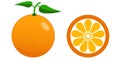 Fresh orange and half of orange with leaves in flat style Royalty Free Stock Photo