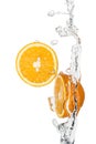 Fresh orange halves with clear water splash and drops isolated on white. Royalty Free Stock Photo