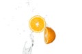 Fresh orange halves with water splash and drops isolated on white. Royalty Free Stock Photo