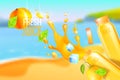 Fresh orange juice banner with bottles, splash, lemon, ice.