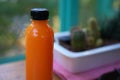 Fresh orange juice in the bottle, fruit juice to cool down, cactus tree blur background