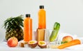Fresh orange juice, by bottle package, mixed with variety of organic ingredient for appetizing flavor of pineapple, apple, passion Royalty Free Stock Photo