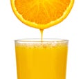 Fresh orange juice dripping from a sliced orange