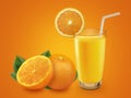 Fresh orange juice with fruits, isolated on orange background