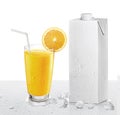 Fresh orange juice with fruits and Packages box having drops water Royalty Free Stock Photo