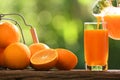 Fresh orange juice in glass with sliced orange on wood and nature background Royalty Free Stock Photo