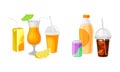 Fresh Orange Juice in Glass with Straw and Sparkling Water with Soda Can Vector Set Royalty Free Stock Photo