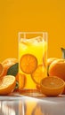Fresh orange juice glass on table surrounded by vibrant oranges
