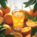 Fresh orange juice glass on table surrounded by vibrant oranges