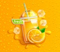 Fresh orange juice with ice and fruits.