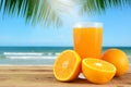 Fresh orange juice with oranges and blur beach background. Royalty Free Stock Photo