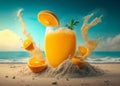 Fresh orange juice with oranges and splashing liquid at the beach by the ocean. Summer cocktail and drinks. Ai generative Royalty Free Stock Photo