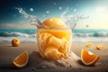 Fresh orange juice with oranges and splashing liquid at the beach by the ocean. Summer cocktail and drinks. Ai generative Royalty Free Stock Photo