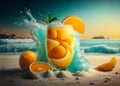 Fresh orange juice with oranges and splashing liquid at the beach by the ocean. Summer cocktail and drinks. Ai generative Royalty Free Stock Photo