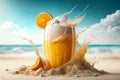 Fresh orange juice with oranges and splashing liquid at the beach by the ocean. Summer cocktail and drinks. Ai generative Royalty Free Stock Photo