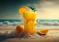 Fresh orange juice with oranges and splashing liquid at the beach by the ocean. Summer cocktail and drinks. Ai generative Royalty Free Stock Photo