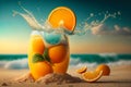 Fresh orange juice with oranges and splashing liquid at the beach by the ocean. Summer cocktail and drinks. Ai generative Royalty Free Stock Photo