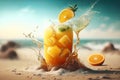 Fresh orange juice with oranges and splashing liquid at the beach by the ocean. Summer cocktail and drinks. Ai generative Royalty Free Stock Photo