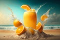 Fresh orange juice with oranges and splashing liquid at the beach by the ocean. Summer cocktail and drinks. Ai generative Royalty Free Stock Photo