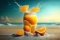 Fresh orange juice with oranges and splashing liquid at the beach by the ocean. Summer cocktail and drinks. Ai generative Royalty Free Stock Photo