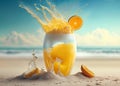 Fresh orange juice with oranges and splashing liquid at the beach by the ocean. Summer cocktail and drinks. Ai generative Royalty Free Stock Photo