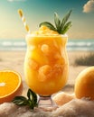 Fresh orange juice with oranges and splashing liquid at the beach by the ocean. Summer cocktail and drinks. Ai generative Royalty Free Stock Photo