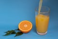 Fresh orange juice is poured into a glass, fruit cut in half and sliced in green leaves isolated on a blue background Royalty Free Stock Photo