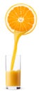 Fresh orange juice pouring in a glass from half of orange fruit Royalty Free Stock Photo