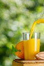 fresh orange juice pouring into glass outdoors Royalty Free Stock Photo