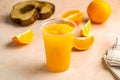 Fresh Orange Juice with raw fruit slice served in glass isolated on table top view healthy morning drink Royalty Free Stock Photo