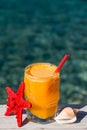 Fresh orange juice on the sea background. Royalty Free Stock Photo