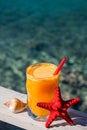 Fresh orange juice on the sea background.