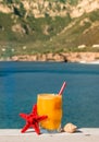 Fresh orange juice on the seaside background. Royalty Free Stock Photo