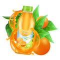 Fresh orange juice vector. Realistic juice bottle, leaves and orange isolated on white background