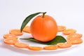 Fresh orange with leaves cut in slices