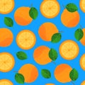 Fresh orange with leaves, seamless pattern. Whole ripe orange with slice and green leaf, juicy exotic citrus fruit