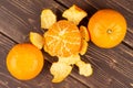 Fresh orange mandarine on brown wood Royalty Free Stock Photo