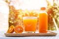 Fresh orange and pure orange juice in glass and bottle for good healthy Royalty Free Stock Photo