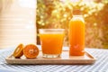 Fresh orange and pure orange juice in glass and bottle for good healthy Royalty Free Stock Photo