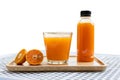 Fresh orange and pure orange juice in glass and bottle for good healthy Royalty Free Stock Photo