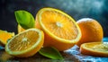 Fresh orange slices and green leaves, healthy and tasty fruit. Juicy citrus Royalty Free Stock Photo