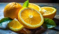 Fresh orange slices and green leaves, healthy and tasty fruit. Juicy citrus Royalty Free Stock Photo