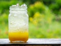 A fresh orange soda drink filled with ice in vintage style gla