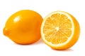 Fresh orange Tashkent lemons or Meyer lemons, one whole and one half isolated on white background with shadow Royalty Free Stock Photo